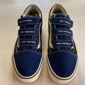 VANS Old Skool V Logo Blue/Black Checkered Velcro Sneaker Sz 9 Women’s 7 Men’s